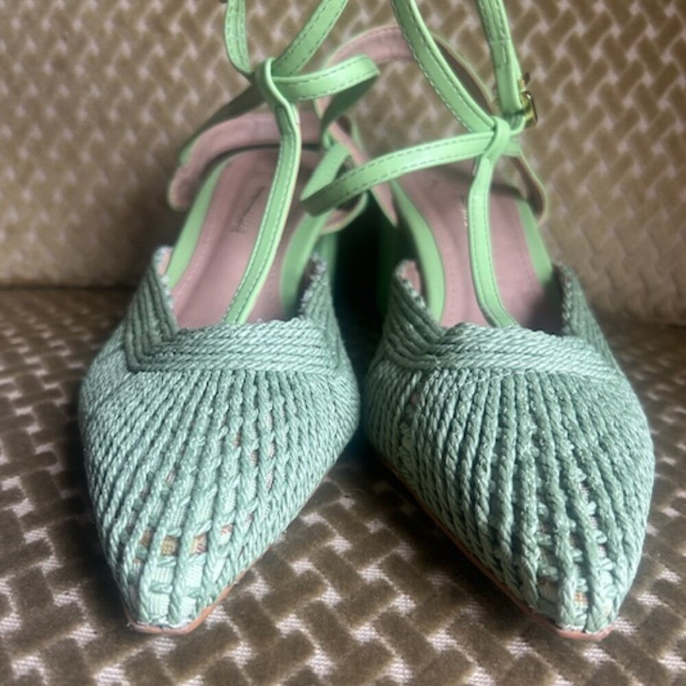 Woven Pointed-Toe Ankle-Strap Sandals in Mint Green